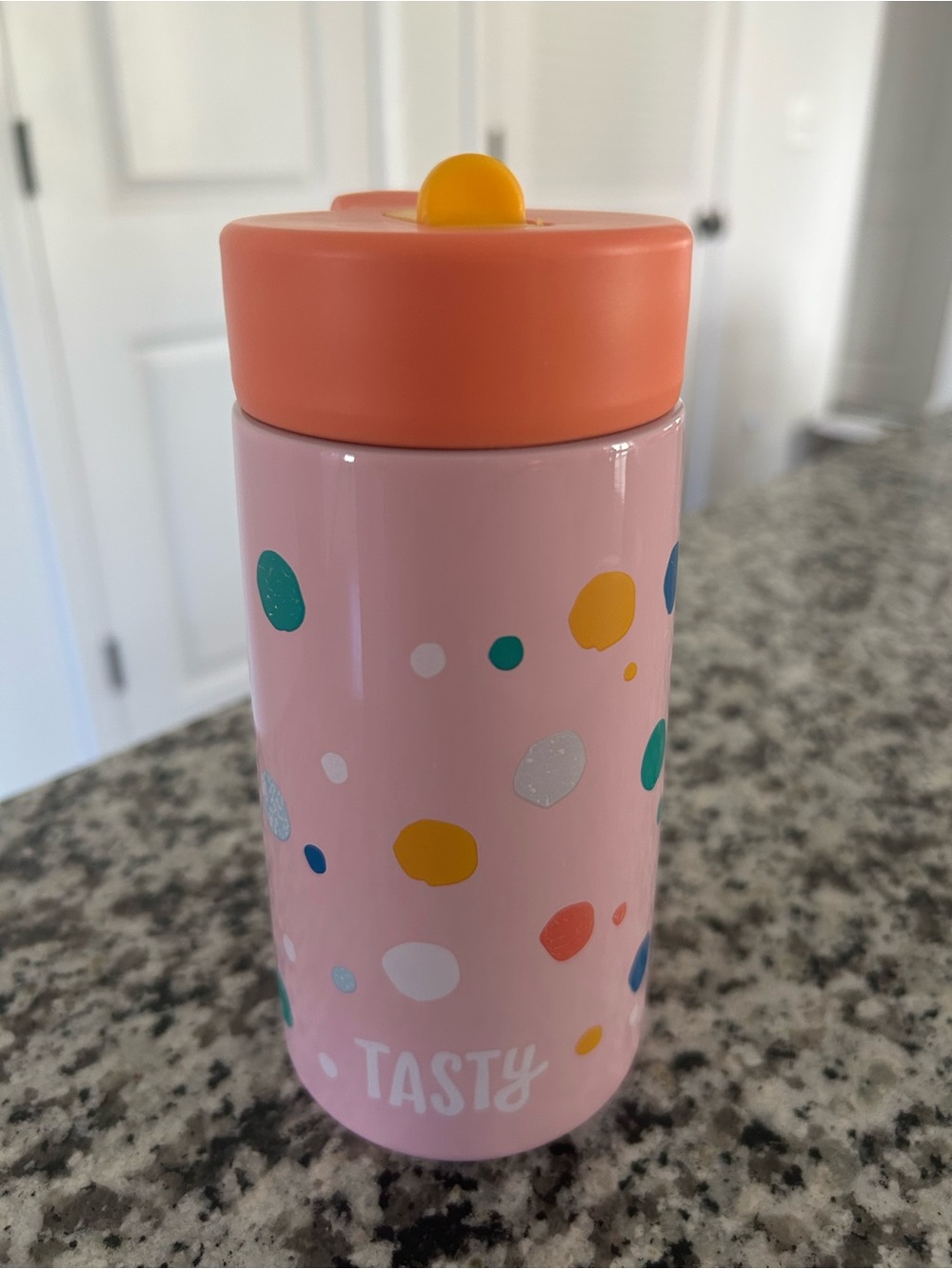 Tasty Kids 14 oz Pink Stainless Steel Tumbler Colorful Confetti Straw Cup